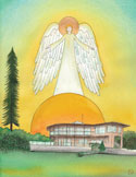 Illustration of a large white angel with wings spread above a house and a setting sun.