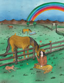 Whimsical painting of a woman by a fence with horses, rabbits, and a rainbow over a green field.