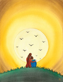 Illustration of a couple sitting on a grassy hill, looking at a large full moon with birds flying.