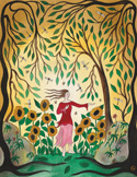 Illustration of a woman walking through sunflowers and a forest filled with dragonflies.