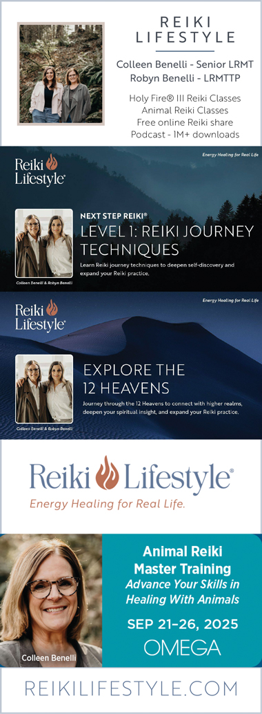 Ad with photos of Colleen Benelli and Robyn Benelli standing a a northwest forest setting for upcoming workshops and an Animal Reiki Master class at Omega Institute in New York state. Ad links directly to website.