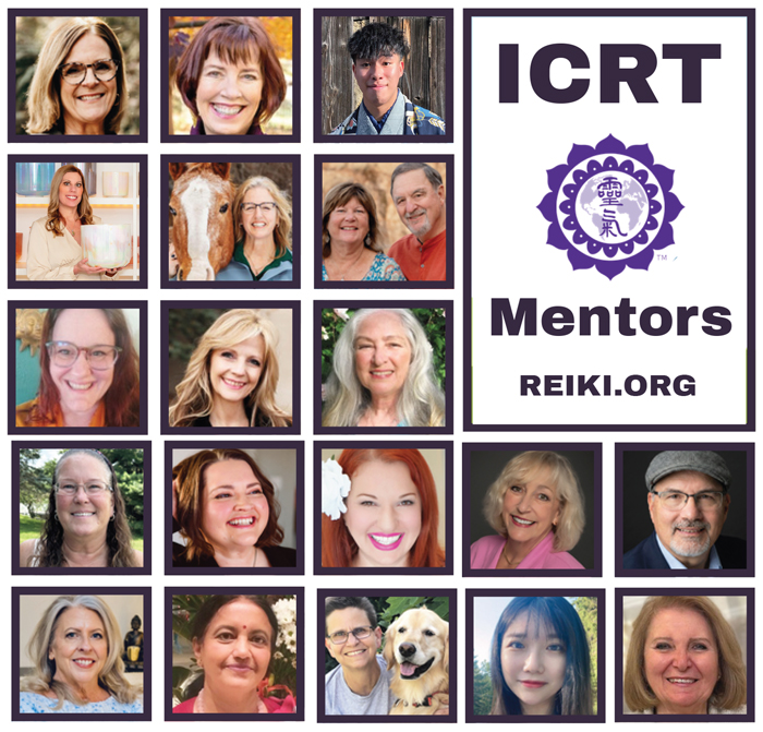 Collage of smiling mentors, including a horse, with the text “ICRT Mentors REIKI.ORG” and a purple Reiki logo.