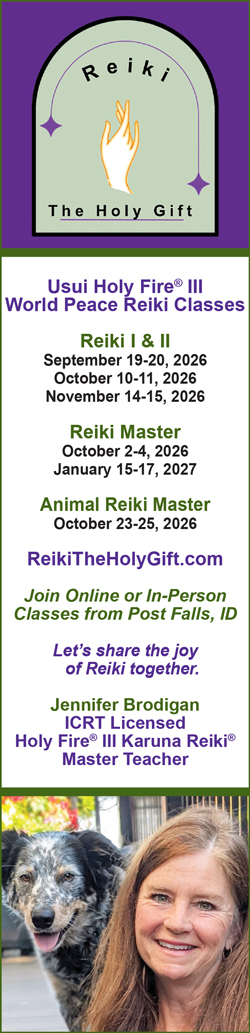 The Holy Gift Reiki ad with 2026 class dates, instructor Jennifer Brodigan, website, and photo with a dog. Ad links directly to website.