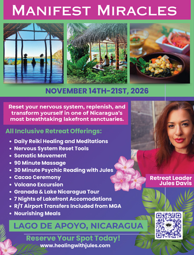 Ad for Nicaraguan Retreat with tropical venue photos, lead by Jules Davis on November 14th-21st, 2026. Includes photo of Jules in a fuchsia dress. Ad links directly to website.