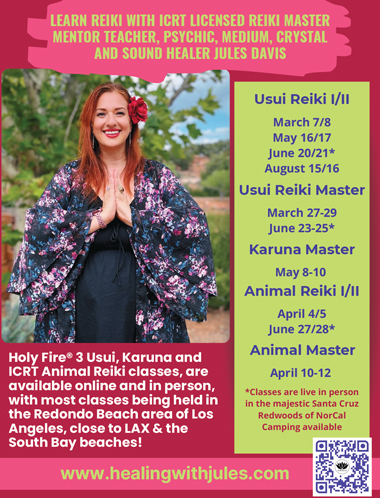 Ad for Reiki classes with Jules Davis, class dates in 2026, photo of Jules in a floral kimono, and website info.