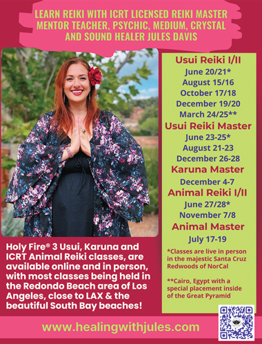 Ad for Reiki classes with Jules Davis, class dates in 2026, photo of Jules in a floral kimono, and website info.
