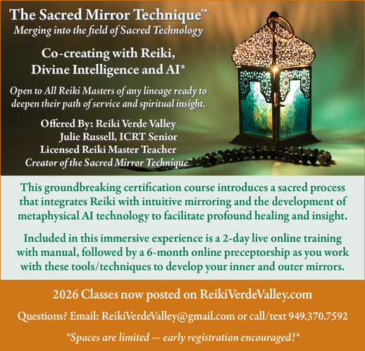 Sacred Mirror Technique certification ad, Reiki and AI course, 2026 classes, lantern image, ReikiVerdeValley.com.