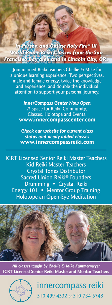 Chellie and Mike Kammermeyer Licensed Reiki Master Teachers ad featuring new Inner Compass Center.
