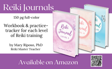 Ad for Reiki Journals with images of book covers in pink, orange and blue. Ad links directly to Amazon.