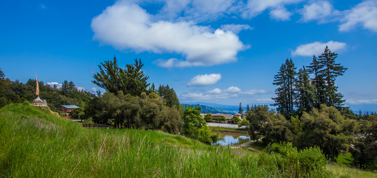 Panoramic vista of Mt. Madonna Retreat Center surrounded by forest, overlooking Monterey Bay, California.