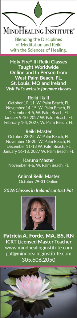 MindHealing Institute ad for Reiki and meditation classes, 2026 dates, contact info, photo of Patricia Forde, lotus flower. Ad links directly to website.