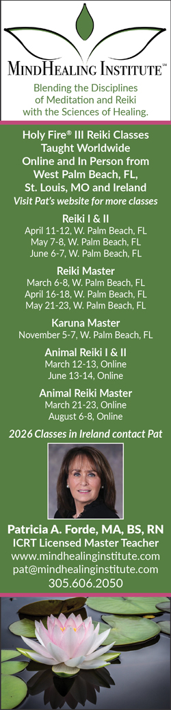 MindHealing Institute ad for Reiki and meditation classes, 2026 dates, contact info, photo of Patricia Forde, lotus flower.