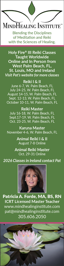 MindHealing Institute ad for Reiki and meditation classes, 2026 dates, contact info, photo of Patricia Forde, lotus flower.