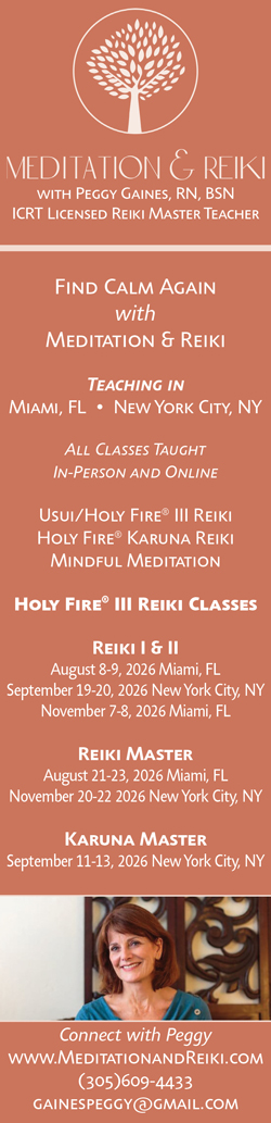 Meditation and Reiki ad with Peggy Gaines, class dates for 2026 in Miami and NYC, contact info, and a smiling portrait.