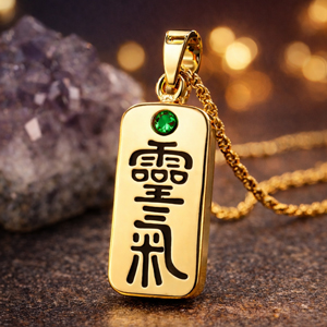 Gold Reiki pendant with engraved Reiki kanji and a small gemstone at the top.