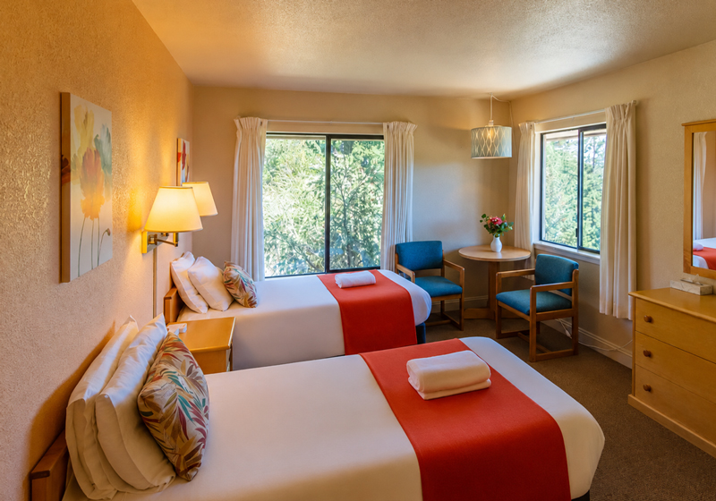 Guestroom: Warm guest room with two beds, red runners, blue chairs, lamps, and forest views through two windows.