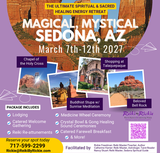 Magical, Mystical Sedona, Arizona Retreat ad for March 7th-12th, 2027 includes red rock and local site photos plus registration information. Facilitated by Rickie Freedman. Ad links directly to website.