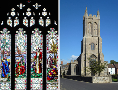 Left: Elaborate multicolor stained glass window, depicting Jesus addressing his followers beside the lake. Right: Stone church tower with Gothic arched windows, set against a clear blue sky.