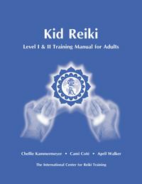 Kid Reiki Level I & II Training Manual for Adults cover with hands beaming Reiki to ICRT logo on blue background with white text.