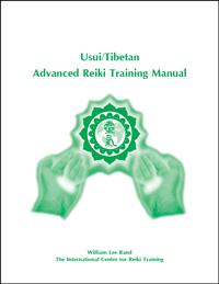 White book cover with green Healing Hands graphic with ICRT logo and text reading “Usui/Tibetan Advanced Reiki Training Manual.”