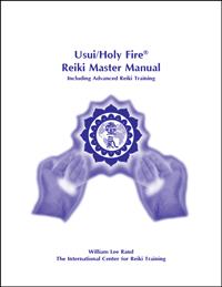 White book cover with violet Healing Hands graphic and ICRT logo and text reading “Usui/Holy Fire® Reiki Master Manual Including Advance Reiki Training.”