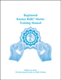 White book cover with sky blue healing hands graphic, ICRT logo and text reading “Registered Karuna Reiki® Master Training Manual.”
