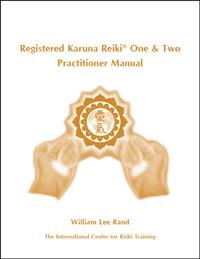 White book cover with gold healing hands graphic, ICRT logo and text reading “Registered Karuna Reiki® One & Two Practitioner Manual.”