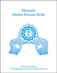 Cover of Italian ‘Manuale Master Karuna Reiki’ with blue healing hands graphic and ICRT logo below the title on a white background with author name, William Lee Rand, centered below.