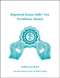 White book cover with teal  healing hands graphic, ICRT logo and text reading “Registered Karuna Reiki® Two Practitioner Manual.”