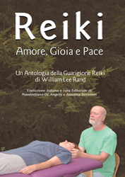 William Rand sits beside a woman on a massage table, gently placing his hands for Reiki healing beneath the title “Reiki: Love, Joy and Peace” in Italian.