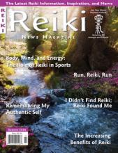Cover of Reiki News Magazine Summer 2026, featuring a flowing forest stream flanked by a large tree.