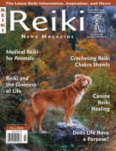 Cover of Reiki News Magazine Fall 2026 featuring a dog standing on a rock in a colorful autumn forest.