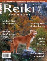 Cover of Reiki News Magazine Fall 2026 featuring a dog standing on a rock in a colorful autumn forest.
