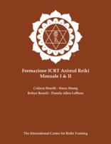 Cover of the Italian ICRT Animal Reiki Manual I & II featuring a white ICRT logo on a brown background with author names centered below.