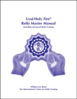 White book cover with violet Healing Hands graphic and ICRT logo and text reading “Usui/Holy Fire® Reiki Master Manual Including Advance Reiki Training.”