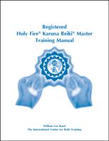 White book cover with blue healing hands graphic, ICRT logo and text reading “Registered Holy Fire® Karuna Reiki® Master Training Manual.”