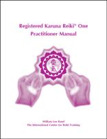 White book cover with magenta healing hands graphic, ICRT logo and text reading “Registered Karuna Reiki® One Practitioner Manual.”