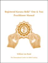 White book cover with gold healing hands graphic, ICRT logo and text reading “Registered Karuna Reiki® One & Two Practitioner Manual.”