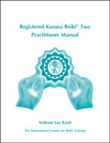 White book cover with teal  healing hands graphic, ICRT logo and text reading “Registered Karuna Reiki® Two Practitioner Manual.”