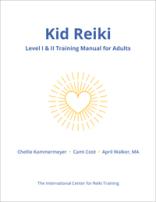 Kid Reiki Level I & II Training Manual for Adults cover with a heart and rays illustration.